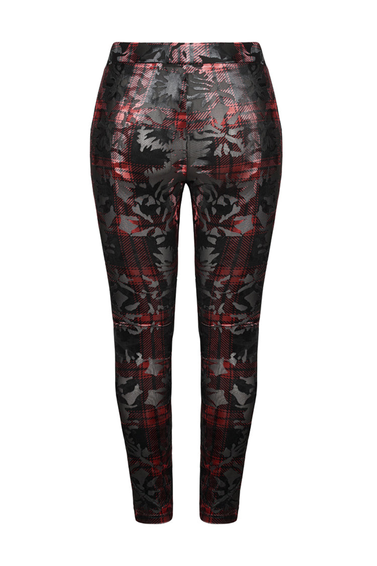 Red Plaid Plus Size Front Splice Imitation Leather Lace-Up Classic Printing Women's Punk Legging