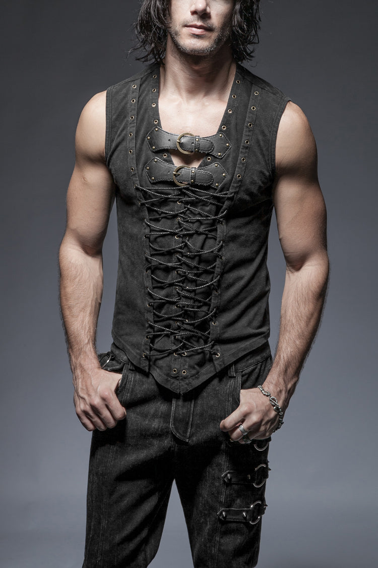 Black V Collar Sleeveless Metal Rings Cross Lace-Up Men's Steampunk Vest