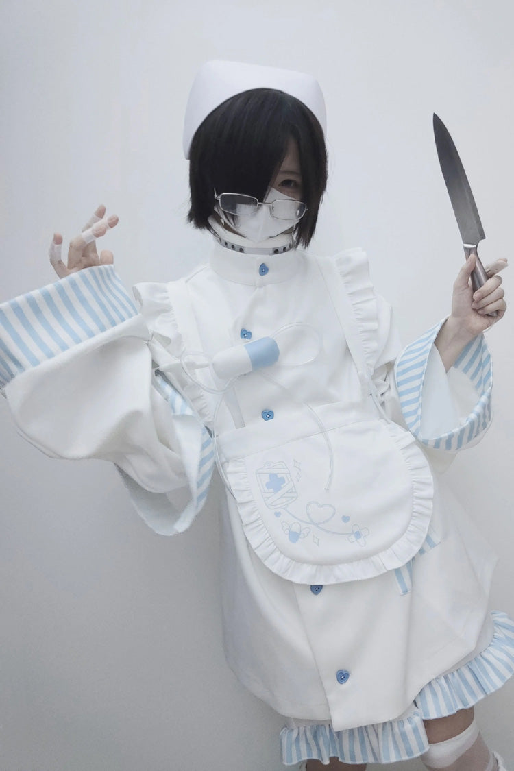 White/Blue Medical Angel Long Sleeves Print Loose Sweet Jirai Kei Japanese Set