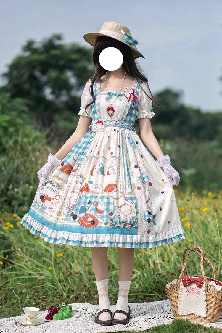 Blue/Green [Tea Party] Short Sleeves Print Ruffle Bowknot Lace Sweet Elegant Lolita Dress