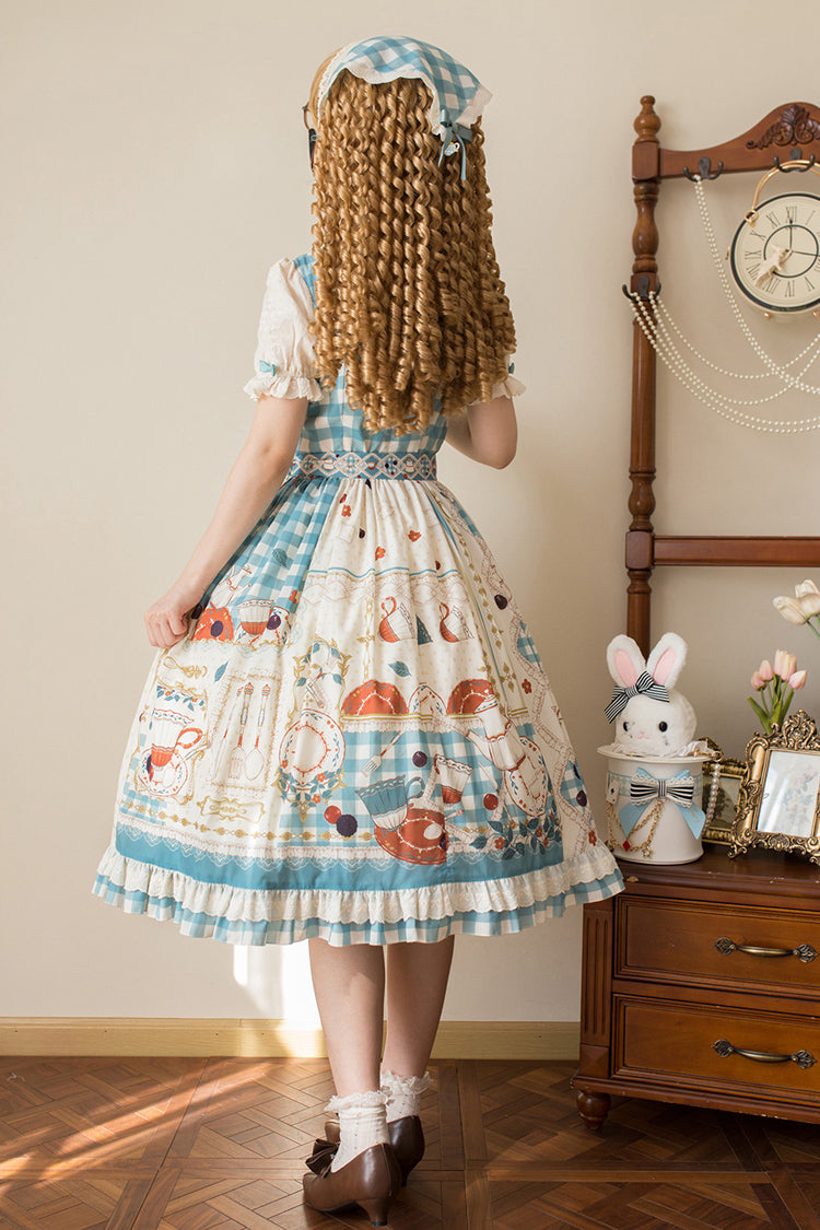 Blue/Green [Tea Party] Short Sleeves Print Ruffle Bowknot Lace Sweet Elegant Lolita Dress