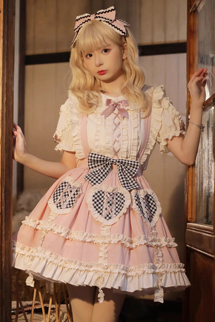 Rosa Dorothy süßes Lolita-Kleid mit Rüschen und Schleife und Trägern