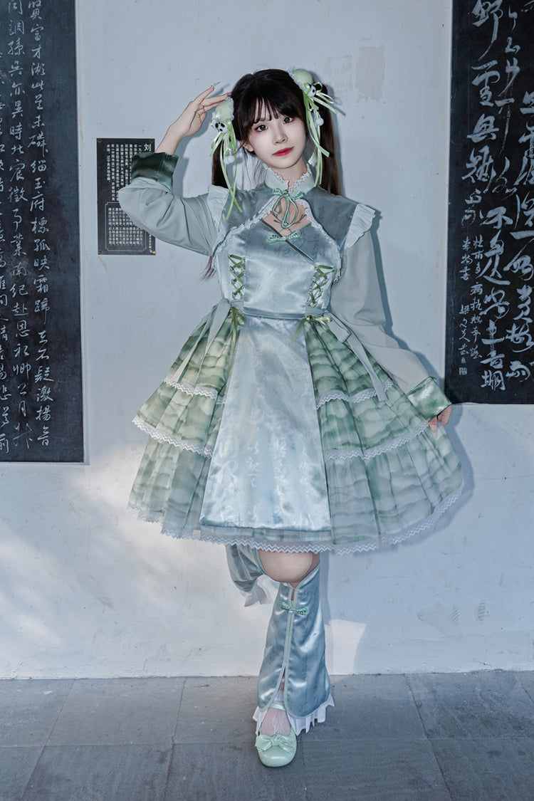 Cheongsam Ink Print Multi-layer Bowknot Sweet Chinese Style Princess Lolita Jsk Dress 2 Colors