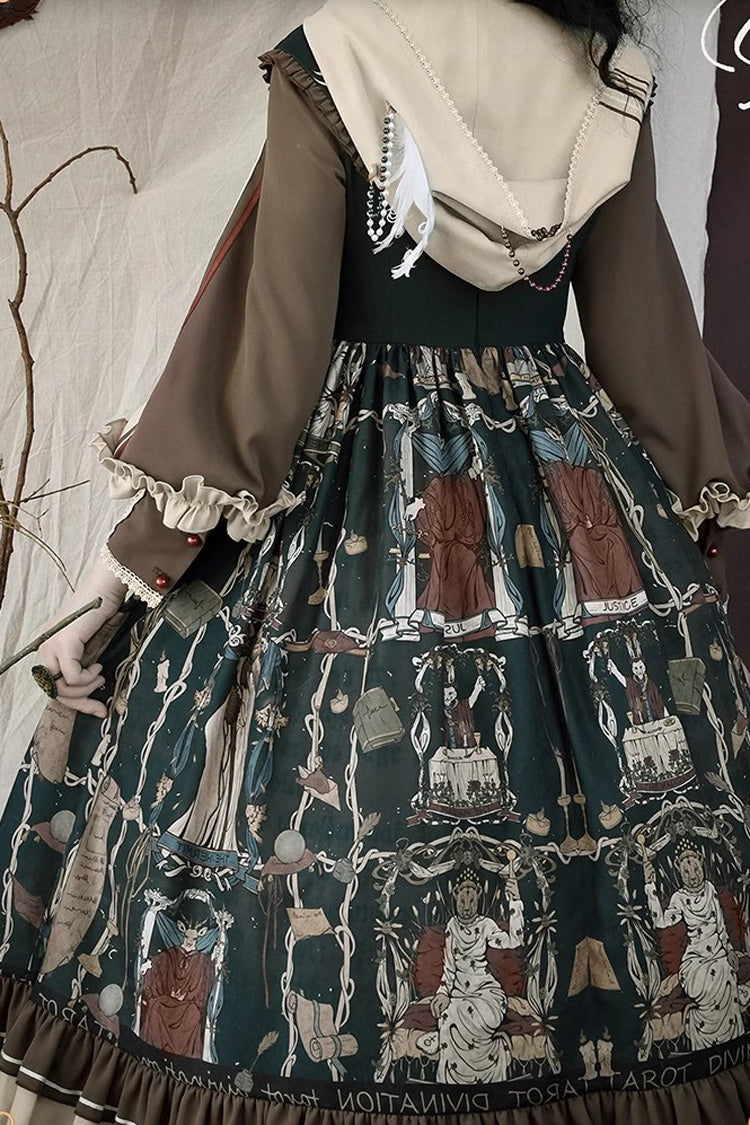 Dark Green [Tarot] Print Long Puff Sleeves Ruffle Bowknot Ripped Sweet Elegant Lolita Dress