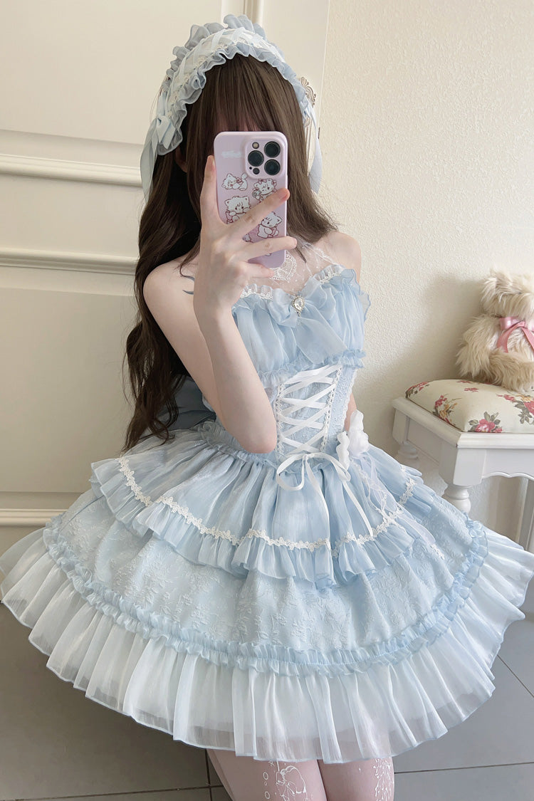 Light Blue Halterneck Triple-Layered Bowknot Lace Sweet Lolita Jsk Dress