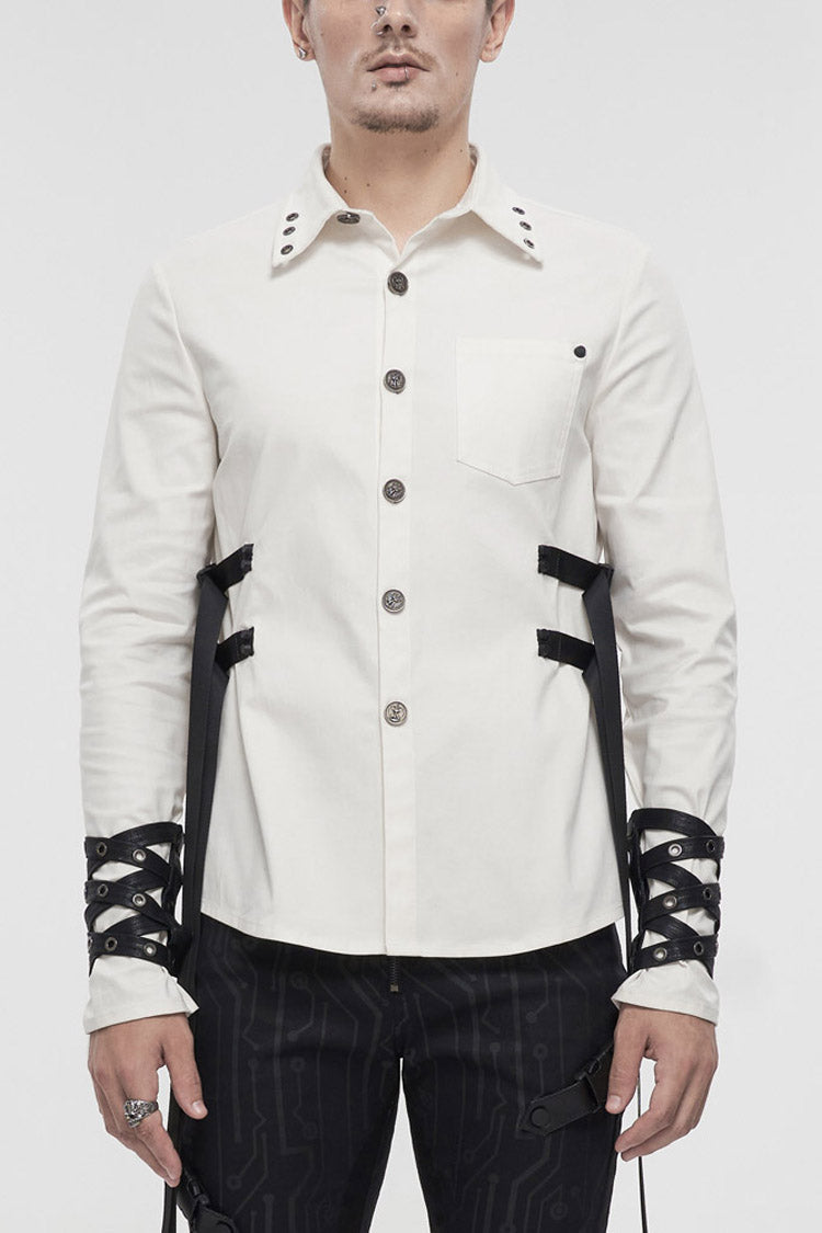 White Punk Nylon Strap Metal Buckle Decoration Long Sleeve Elasticity Thick Men's Shirt