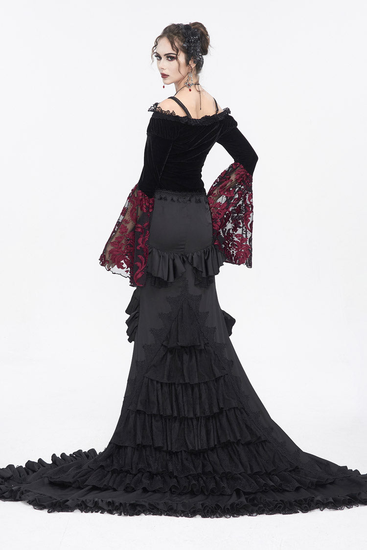 Black/Red Off Shoulder Trumpet Sleeves Embroidery Lace Women's Gothic Blouse