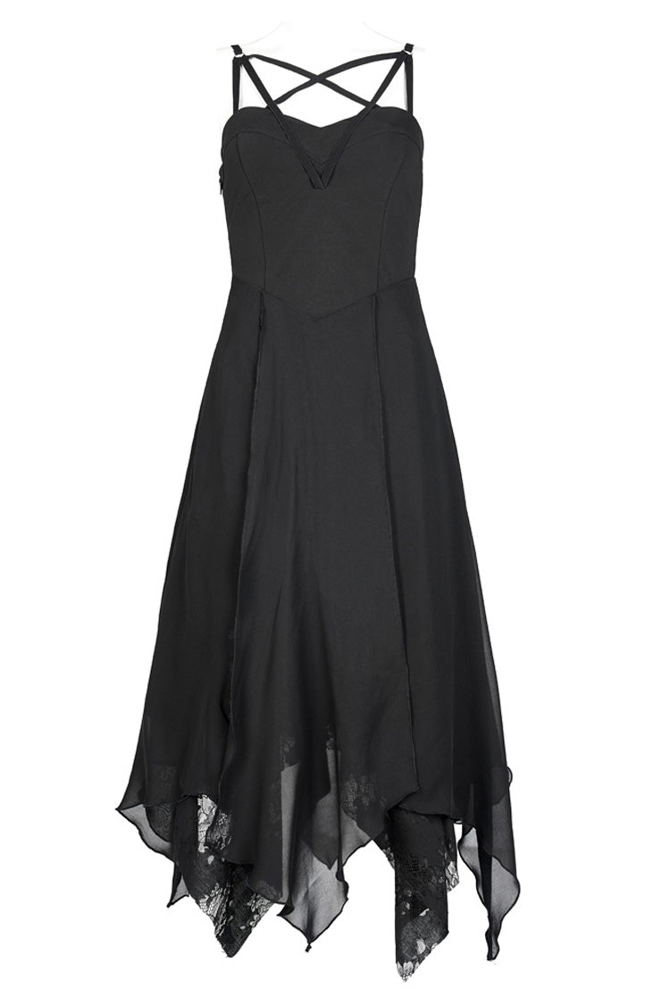 Black Double-Layer Chiffon Lace Irregular Hem Design Sling Decoration Sleeveless Women's Gothic Dress