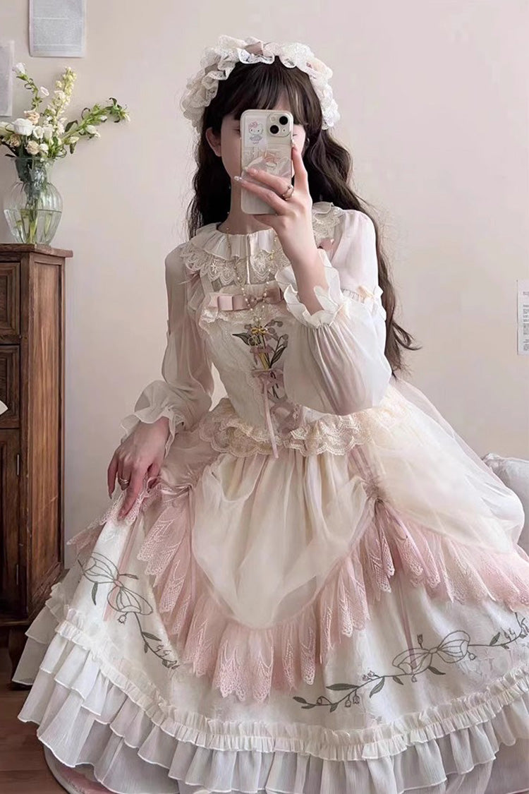 Summer Lily of The Valley Multi-layer Print Ruffle Embroidery Sweet Lolita Jsk Dress 2 Colors