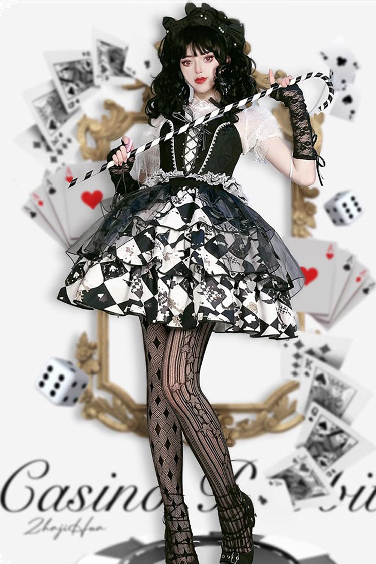 Black/White [Board Games] Triple-Layered Print Ruffle Vintage Lolita Skirt