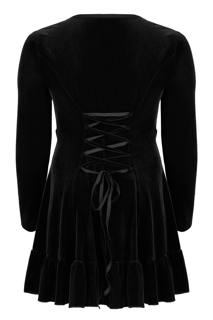 Black Stretch-Velvet Chain Print Decoration Webbing Long Sleeve Straps Women's Plus Size Gothic Dress