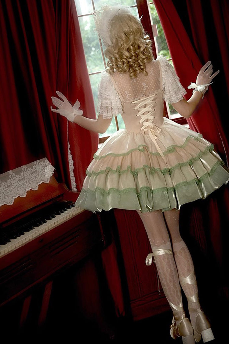 Ivory/Green Glass Dream Multi-layer Ruffle Fish Bone Sweet Lolita Jsk Dress