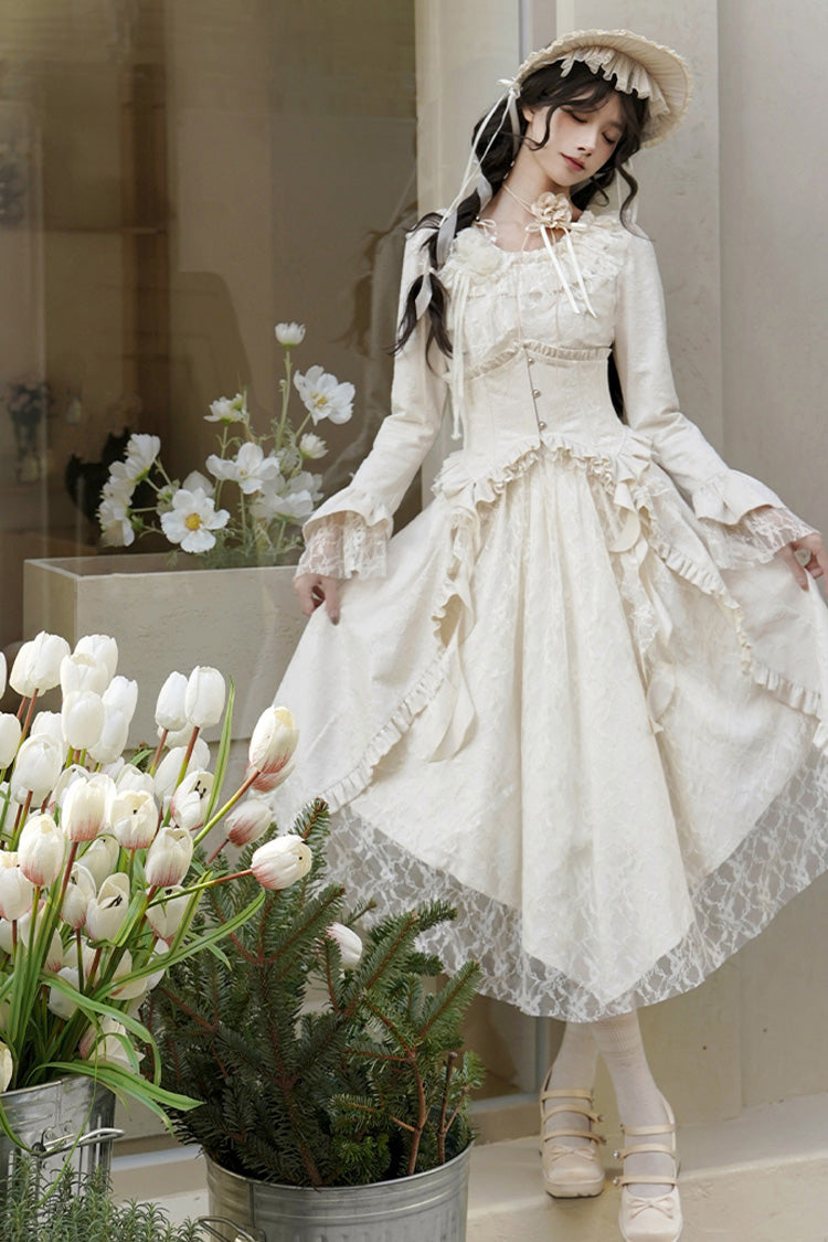 Ivory [White Tea] Long Sleeves Ruffle Bowknot Lace Irregular Classic Princess Lolita Dress