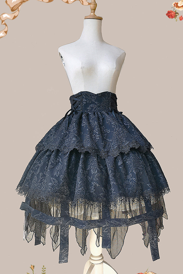 Black [Apprentice Witch] Double-Layered Ruffle Lace Gothic Lolita Skirt