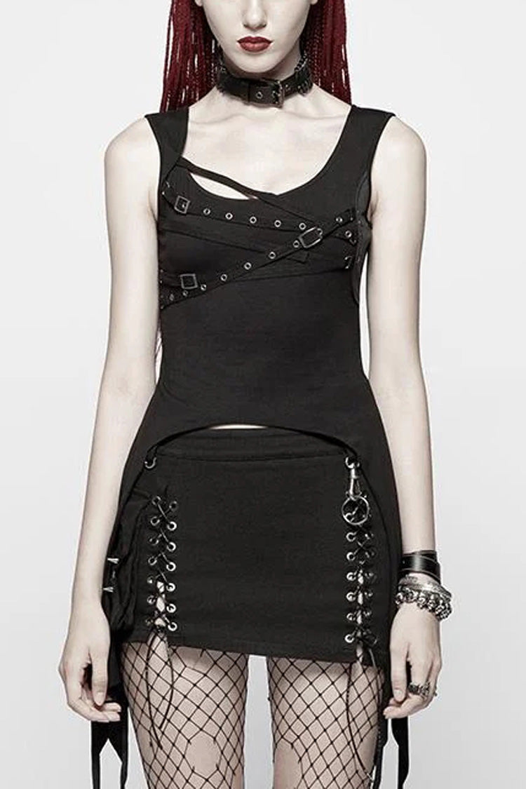 Black Metal Buckle Irregular Hem Women's Punk Vest