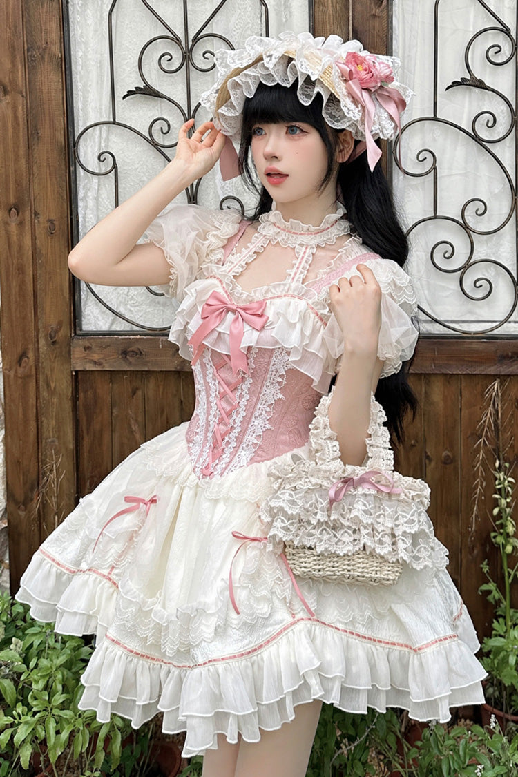 Weiß/Rosa Secret Garden mehrlagiges Rüschenschleifen-Schnürkleid mit süßer Prinzessinnen-Lolita-JSK