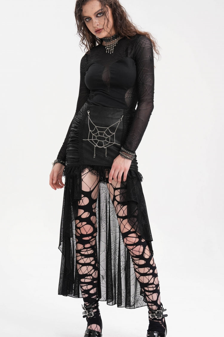 Black Chain Lace Irregular Hem Mesh Women's Gothic Skirt