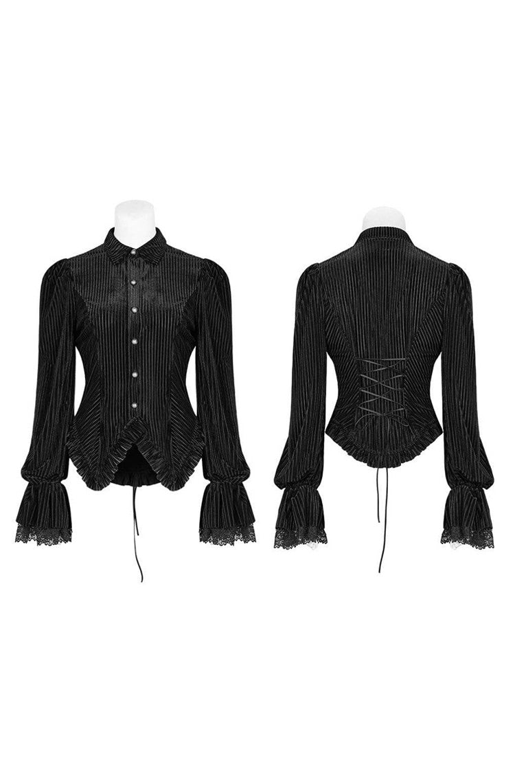 Striped Velvet Metal Retro Button Lace Cuff Back Waist Lace Up Women's Gothic Blouse