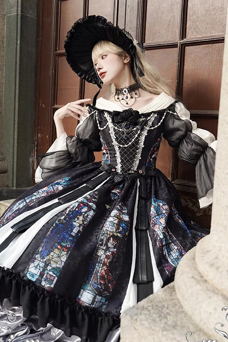 Black Stained Window Print Ruffle Bowknot Gothic Elegant Lolita Jsk Dress