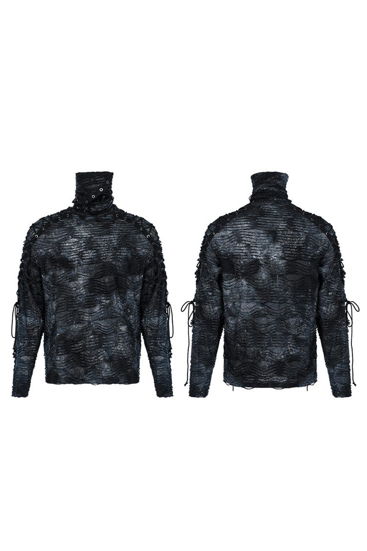 Black/Blue Punk Post Apocalyptic Turtleneck Tattered Tie Dye Print Lace Up Long Sleeve Men's T-Shirt