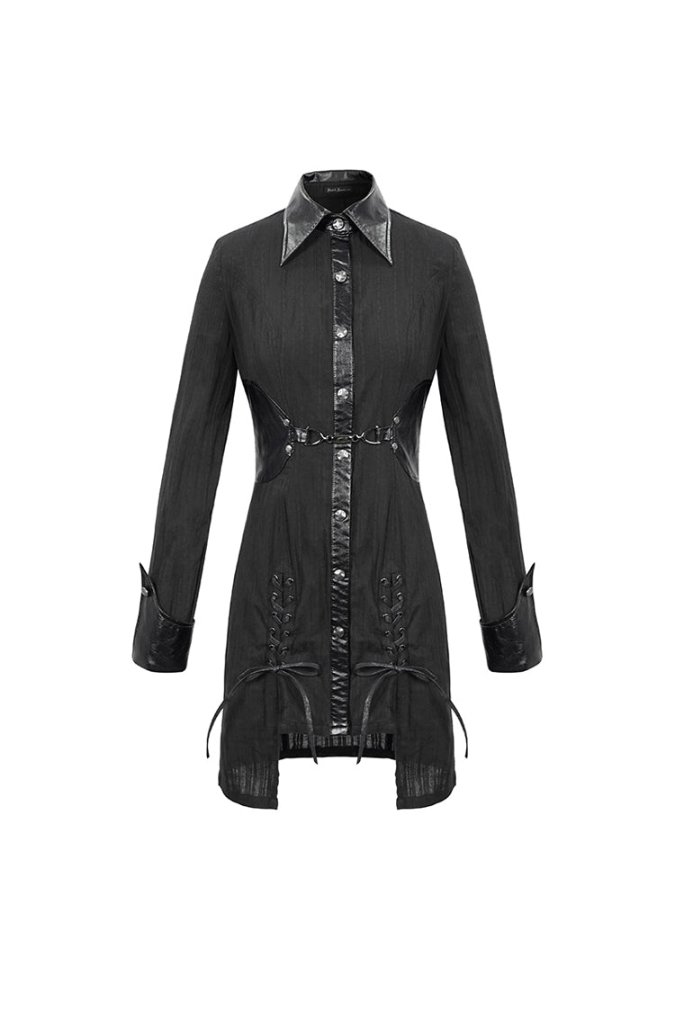 Black Vertical Suture Texture Leather Metal Buckle Design Decoration Long Women's Punk Shirt