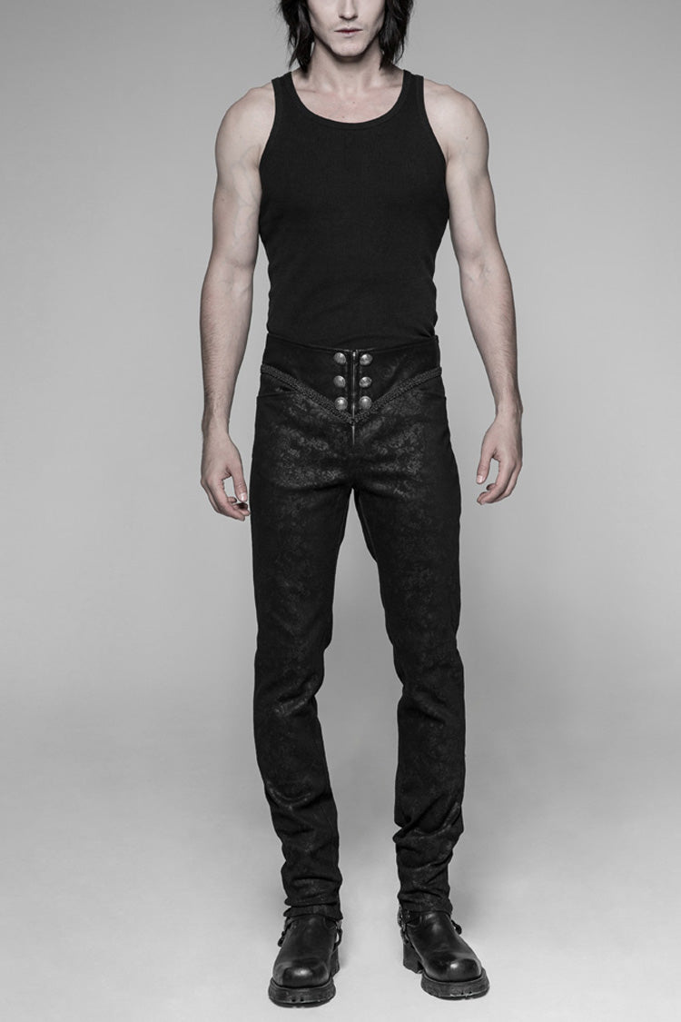 Black Waist Head Stereoscopic Pattern Leather Metal Buckle Lace-Up Men's Gothic Trousers