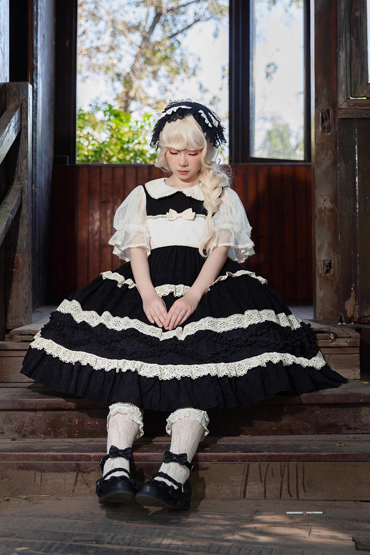 Kindergarten Class Theme Short Sleeves Jacquard Ruffle Bowknot Sweet Lolita Dress 3 Colors