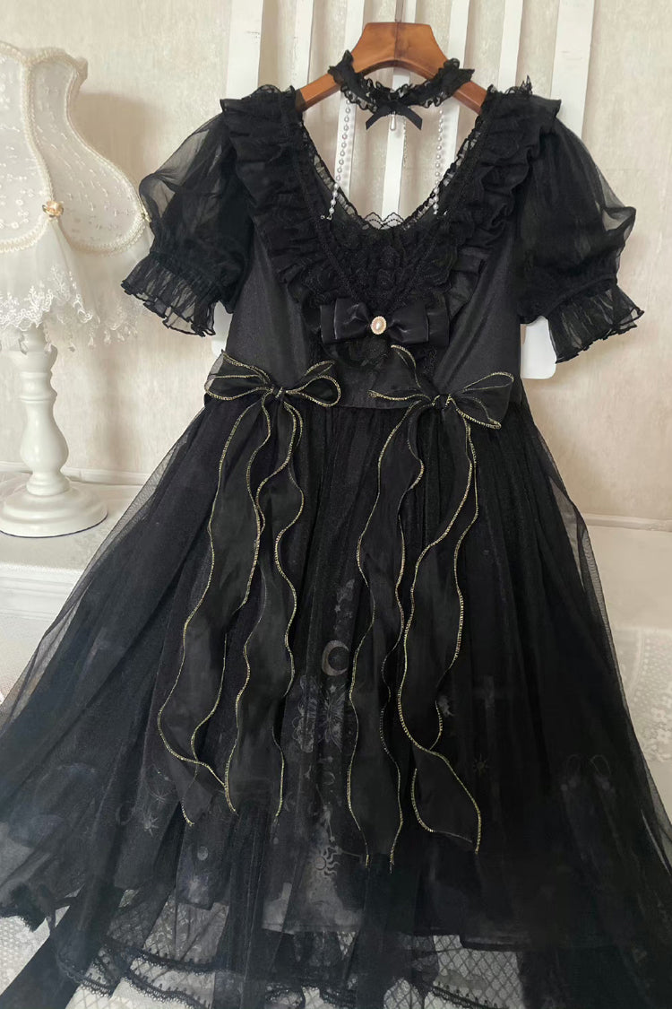 Schwarzes Gothic Lolita Kleid mit Rüschenspitze und Planet-Schmetterlings-Print und hoher Taille