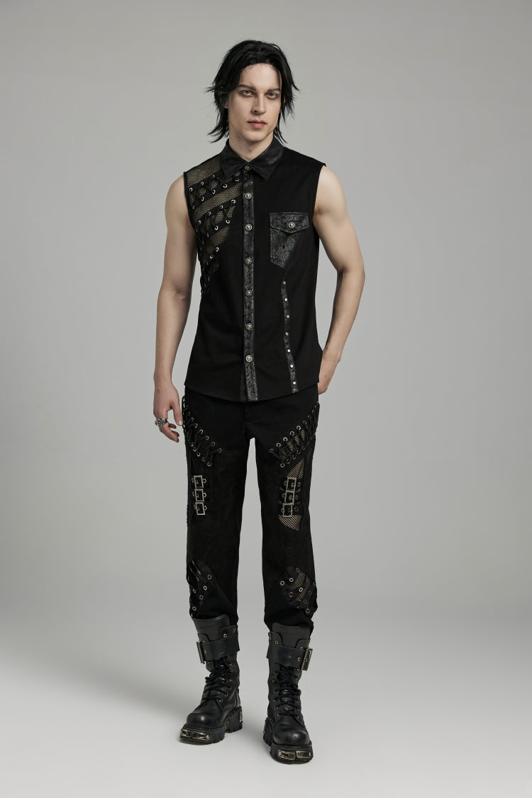 Black Hollow Stitching Lace-Up Mesh Men's Punk Vest