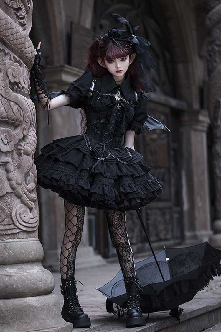 [Covenant Cross] Sleeveless Triple-Layered Ruffle Bowknot Lace-Up Gothic Lolita Jsk Dress 2 Colors