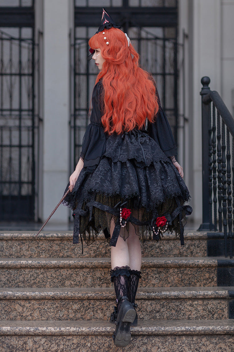 Black [Apprentice Witch] Double-Layered Ruffle Lace Gothic Lolita Skirt