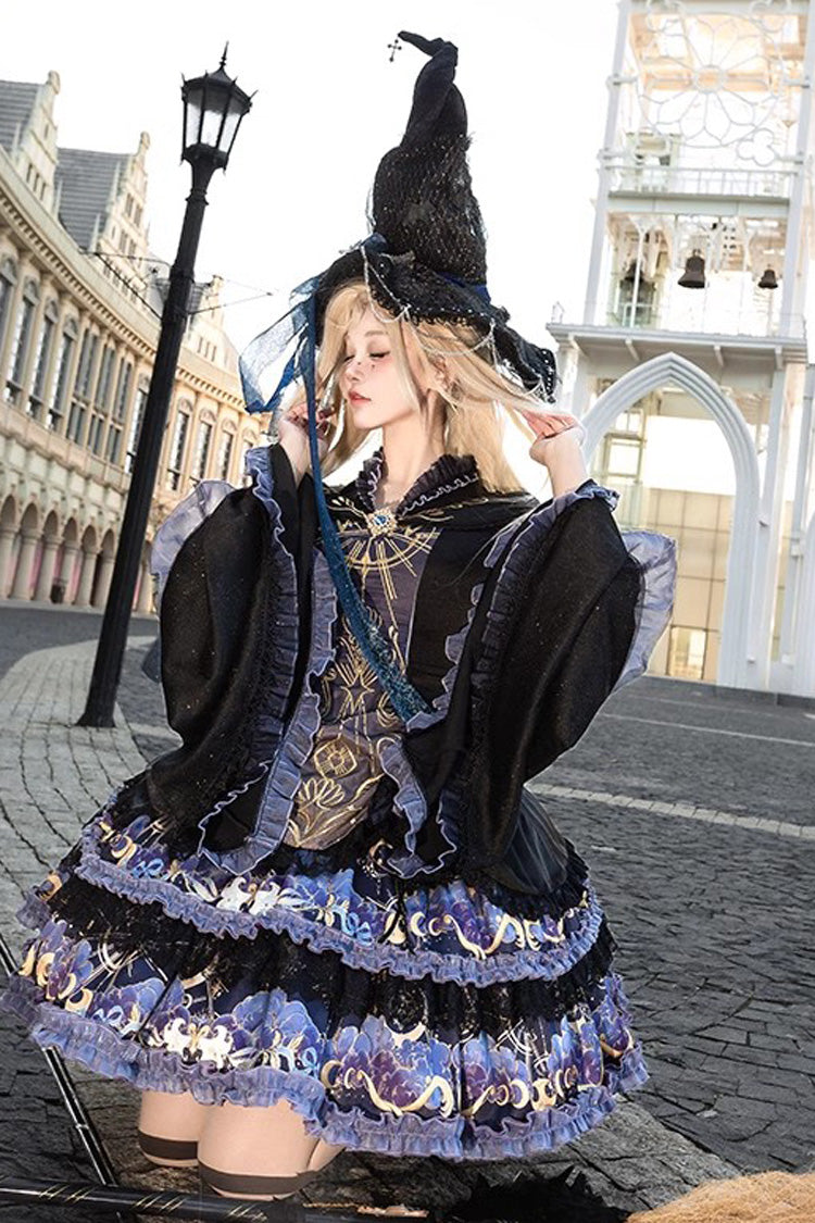 Black [Astrology Cat] Long Sleeves Double-Layered Print Ruffle Lace Gothic Lolita Dress