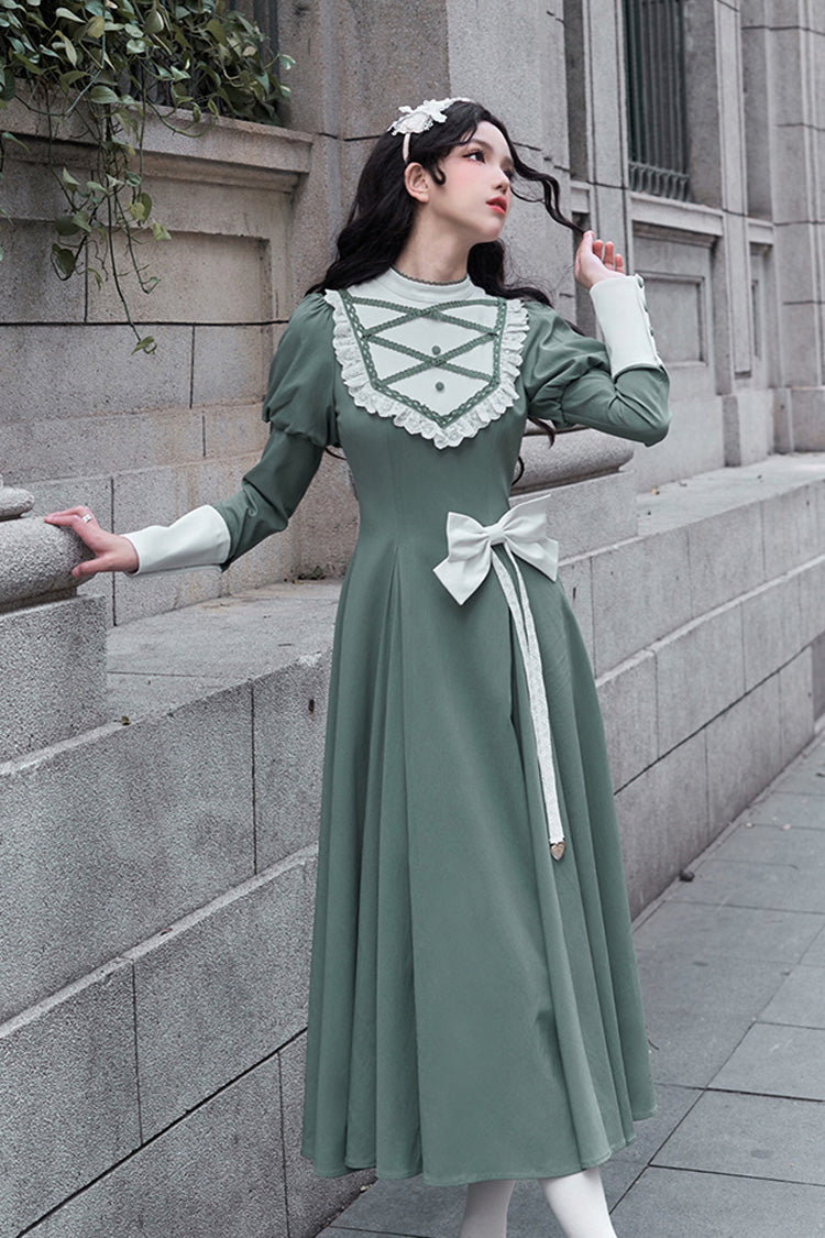 Green Nun Style Stand Collar Long Sleeves Ruffle Bowknot Classic Elegant Lolita Dress