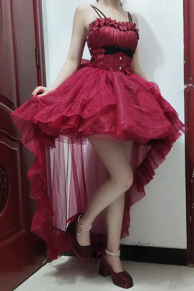 Rotes, glänzendes, unregelmäßiges Lolita-JSK-Kleid mit Schleife und süßem Prinzessinnen-Motiv