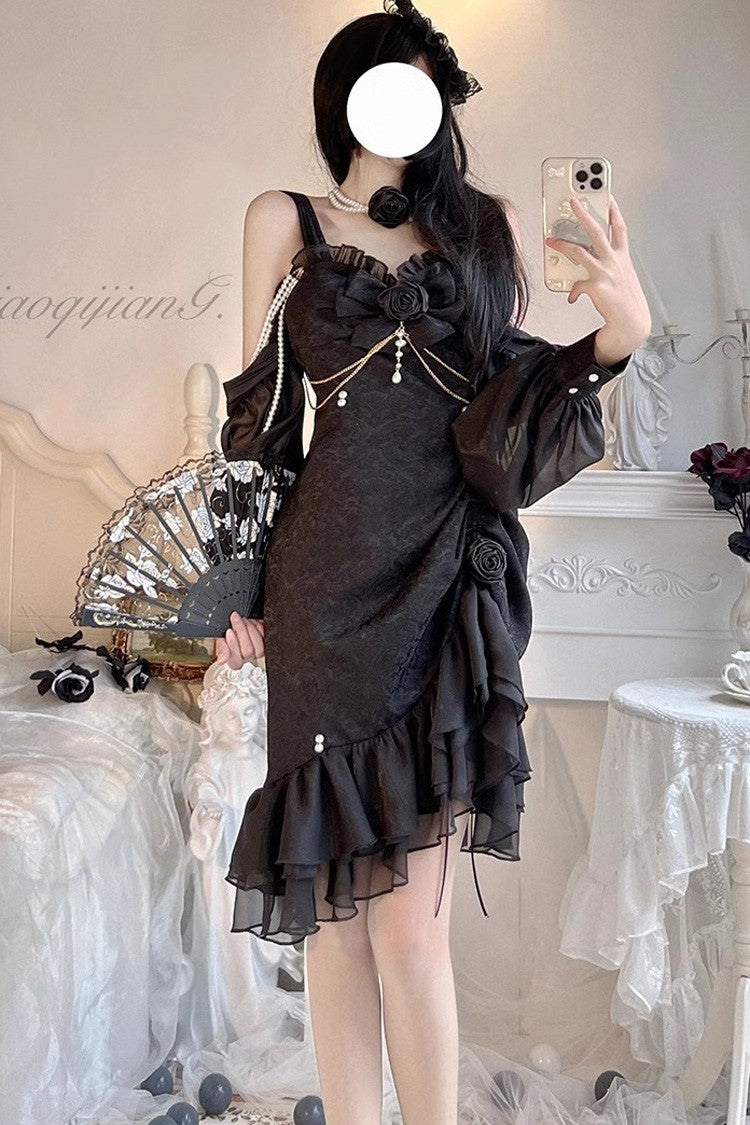 Camellia Rose Ruffle Asymmetric Gothic Chinese Style Elegant Lolita Jsk Dress 3 Colors