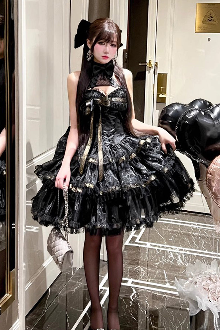 Black [First Kiss] Halterneck Triple-Layered Ruffle Lace Hot Stamping Gothic Princess Lolita Dress