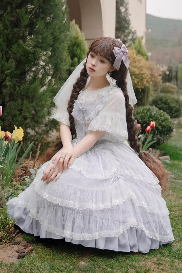 Blue Iris Love Multi-layer Jacquard Bowknot Sweet Elegant Princess Lolita Jsk Dress