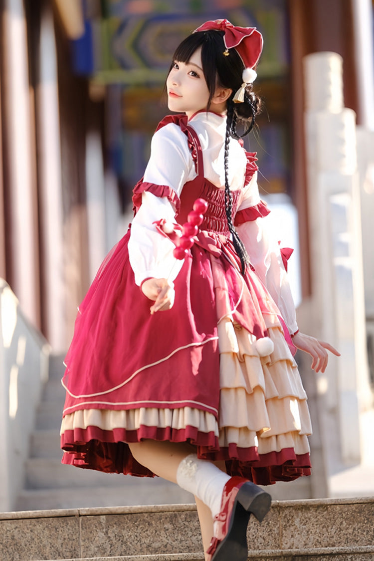 Red Double-Layered Dragon Print Bowknot Lace Sweet Lolita Jsk Dress