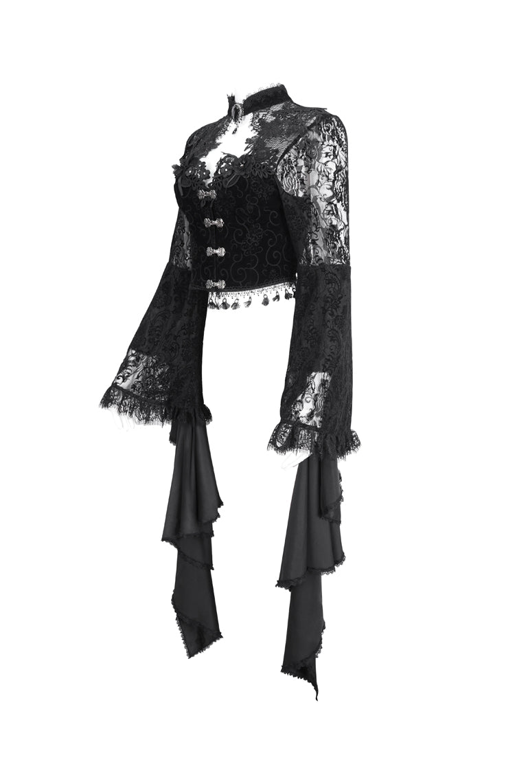 Black Long Trumpet Sleeves Stitching Lace Women's Gothic Blouse