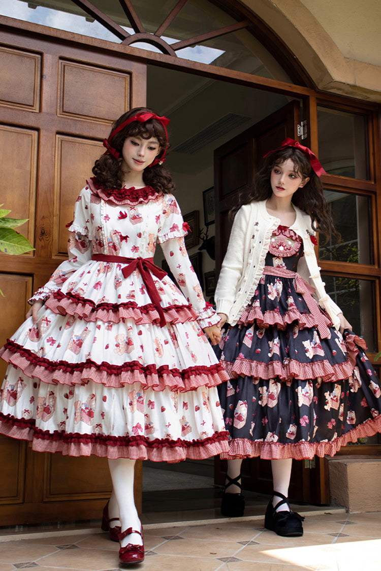 Weiß/Rosa [Bell Strawberry Farm] Bedrucktes, langärmliges, dreilagiges Lolita-Kleid mit Rüschen