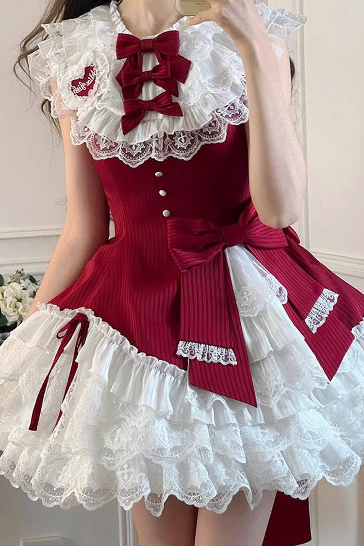 Red [Miss Tsundere] Sleeveless Multi-Layered Ruffle Bowknot Lace Asymmetric Sweet Princess Lolita Dress