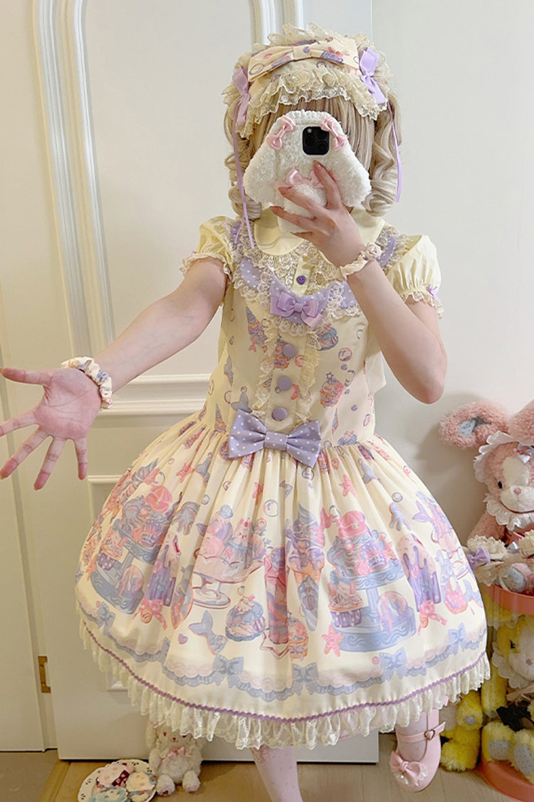 Cream Soda Mermaid Print Light Yellow Bowknot Lace Sweet Lolita Strap Dress