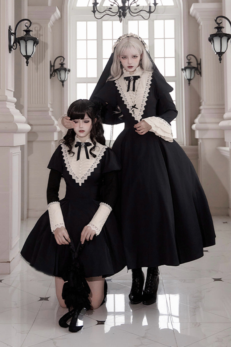 Schwarzes [Letters and Poems·Nocturne] Lange Ärmel Gothic Lolita Kurzes Nonnenkleid mit Rüschen