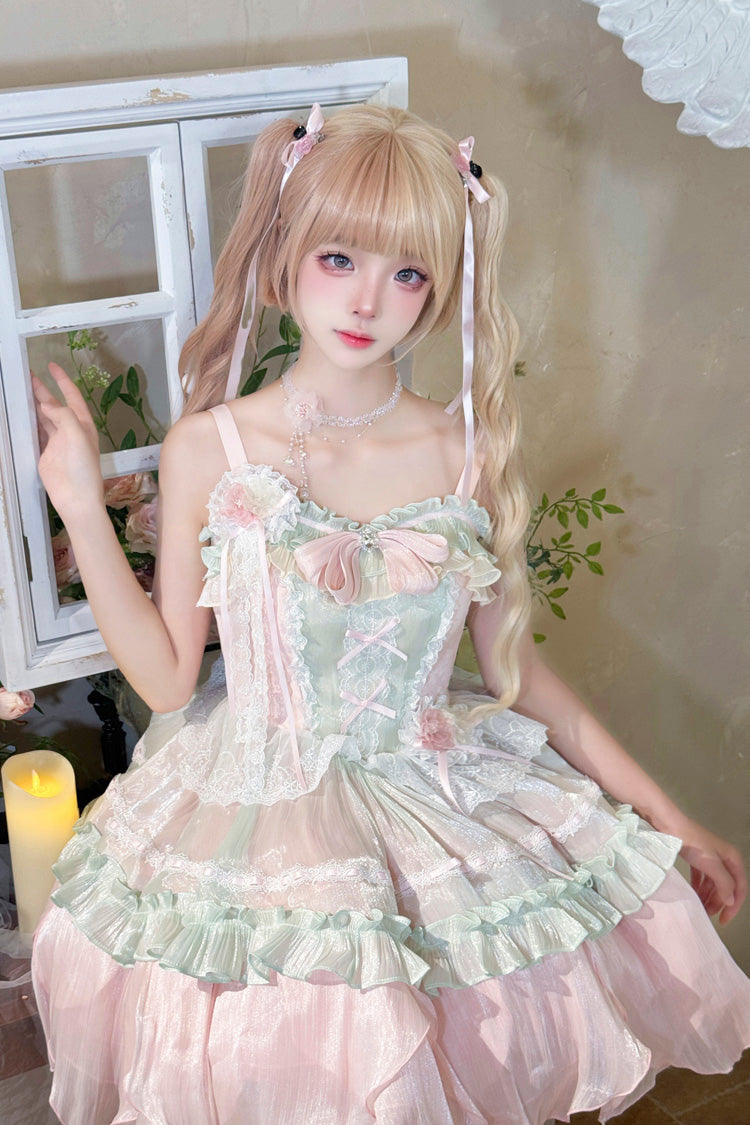 Pink/Green Summer Garden Ruffle Embroidery Bowknot Lace Sweet Lolita Jsk Short Dress