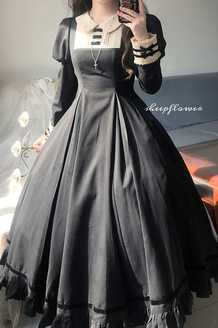 Black Maid Lapel Collar Short Sleeves Ruffle Sweet Classic Lolita Dress (Short or Long Version)