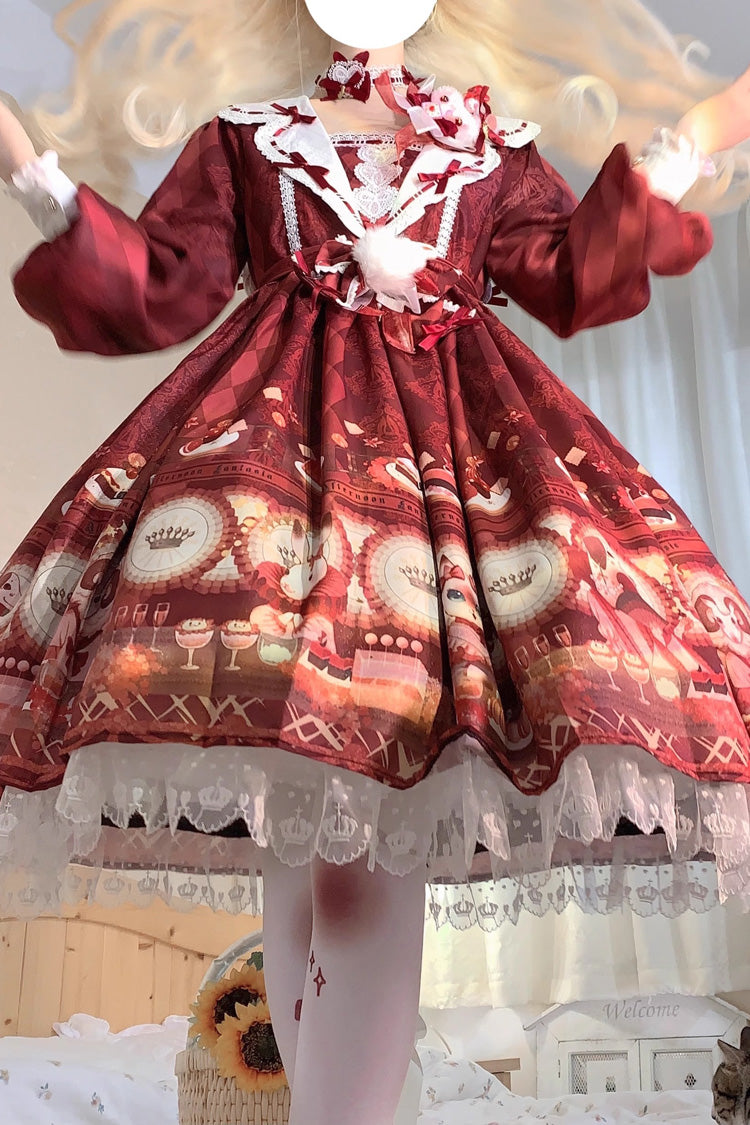 Red [Afternoon Fantasia] Print Ruffle Bowknot Sweet Lolita Jsk Dress