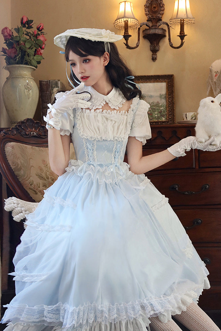 Hellblaues Lolita-Kleid-Set mit eckigem Kragen, kurzen Ärmeln und Rüschen