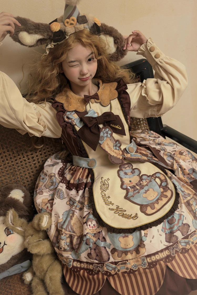 [Bear Cookies] Print Long Sleeves Ruffle Bowknot Sweet Lolita OP Dress 2 Colors