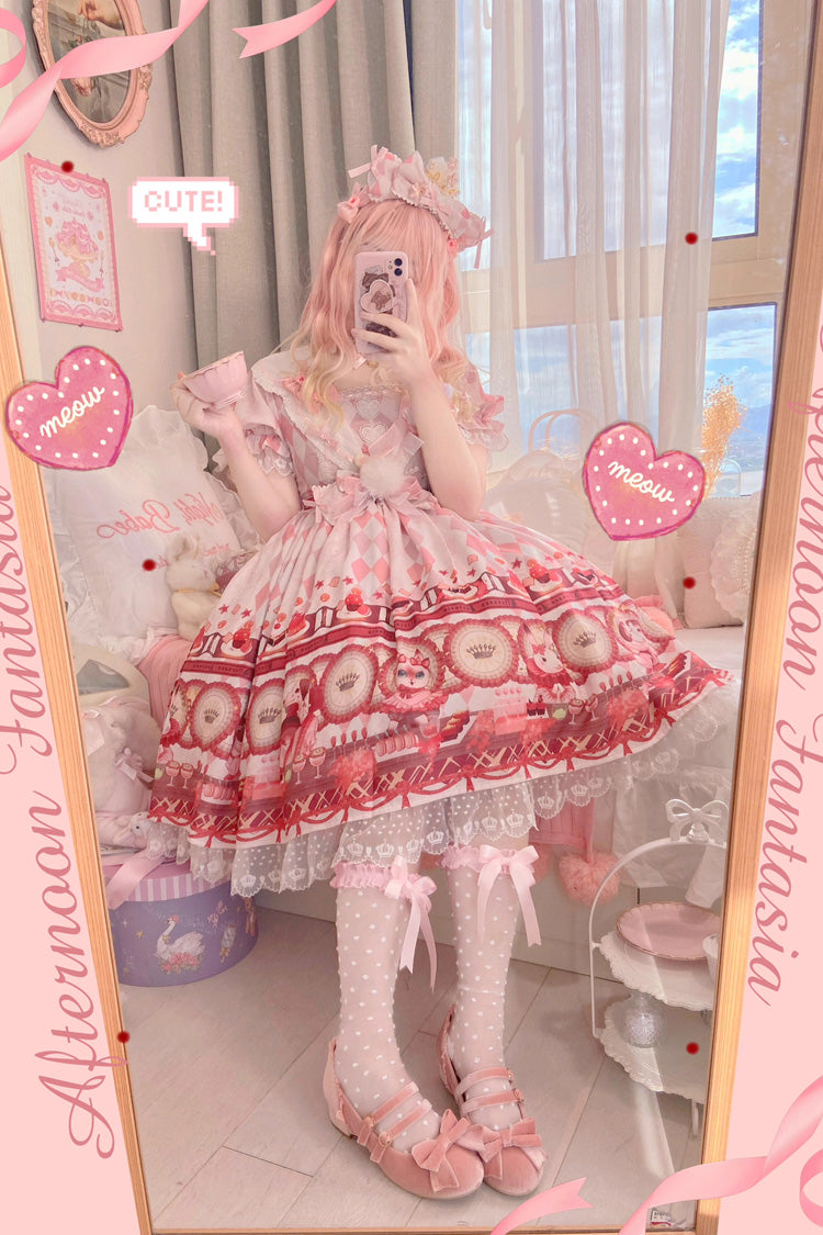 White [Afternoon Fantasia] Print Ruffle Bowknot Sweet Lolita Jsk Dress