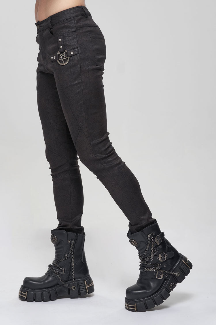 Black Basic Funds Metal Pentagram Crackle Punk Slim Men's Pants